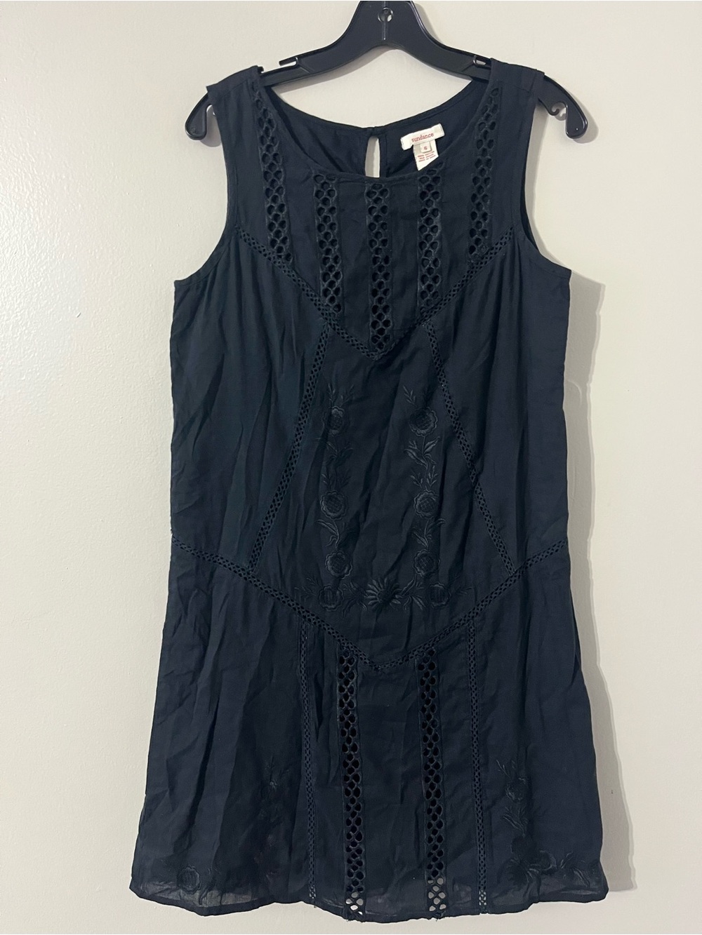 Sundance Shift Mini Dress Black Embroidered Eyelet Lace Boho Sz 6